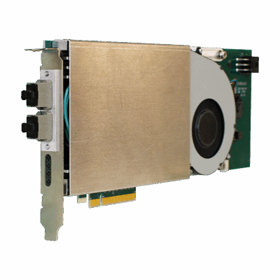 Image of the PCIe DSP 8324 board showing the faceplate with dual MPO24 optical connectors.